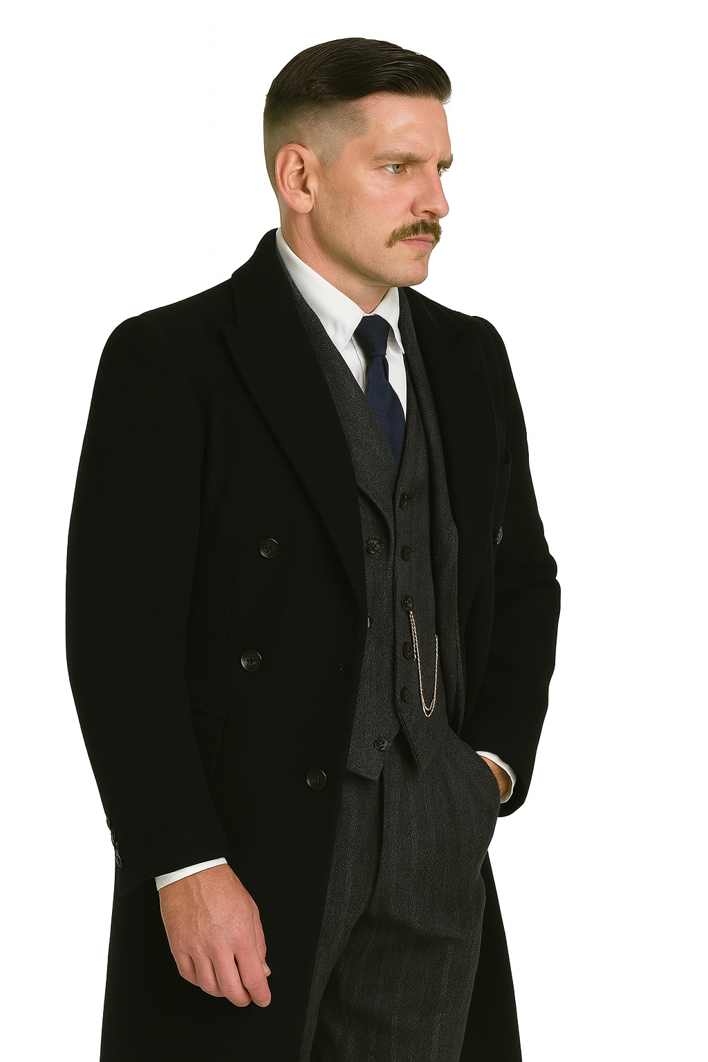 Arthur Shelby Vested Gray Plaid Peaky Blinders Suit - Peaky Blinders Outfit + Black  Double Breasted Overcoat (Peaky Blinder Custome) - Image 2