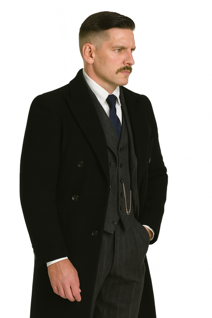 Arthur Shelby Vested Gray Plaid Peaky Blinders Suit - Peaky Blinders Outfit + Black  Double Breasted Overcoat (Peaky Blinder Custome) - Image 2
