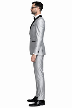 Men'S Shiny Sharkskin Tuxedo Silver Gray ~ Light Grey Black Lapel Two Toned Vested Tuxedo - Mens Grey And Black Tuxedo Wedding - Charcoal Grey Tuxedo - Image 2