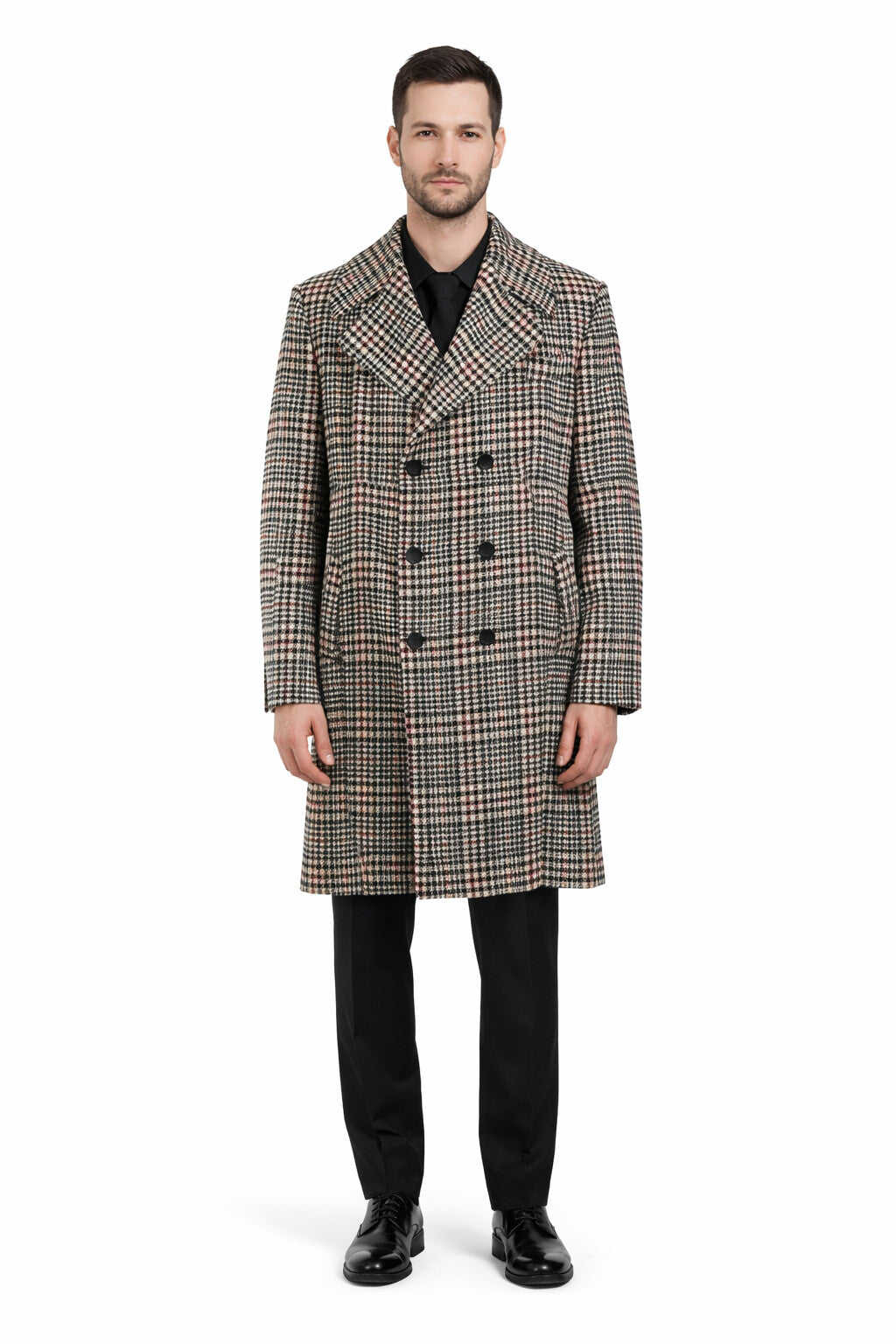 Men's Houndstooth Six Button Front Double Breasted Wool Overcoat