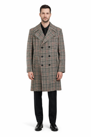 Men's Houndstooth Six Button Front Double Breasted Wool Overcoat