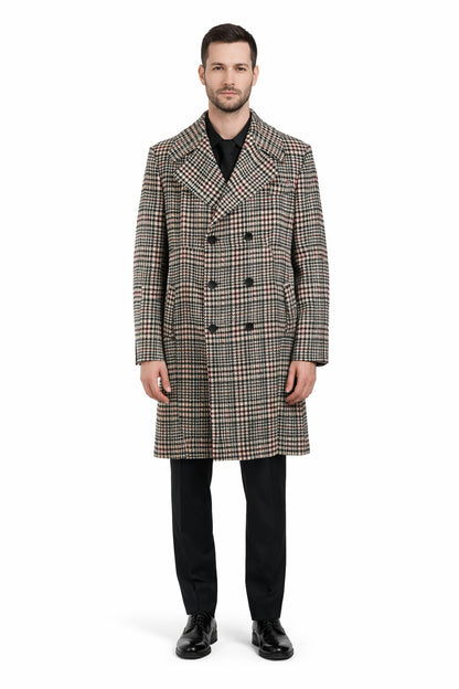 Men's Houndstooth Six Button Front Double Breasted Wool Overcoat