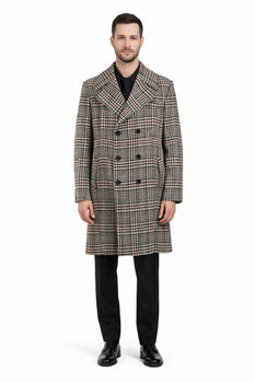Men's Houndstooth Six Button Front Double Breasted Wool Overcoat