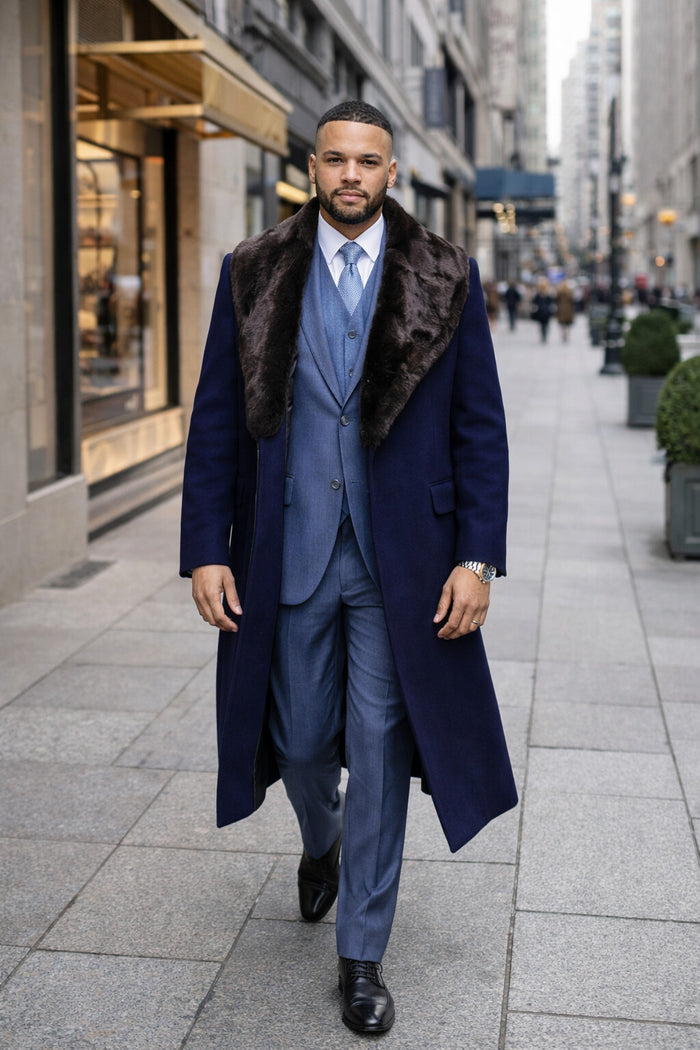 Dark Navy Blue Overcoat ~ Long Men's Dress Topcoat -  Winter coat With Fur Collar in and Fabric - Image 3