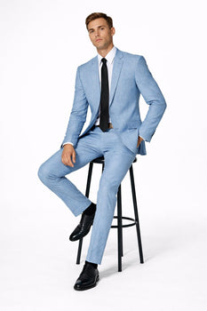 New Mens 2 Piece Luxurious 100% Mens Linen Suit - Cheap Priced Business Suits Clearance Sale 2 Buttons Blue