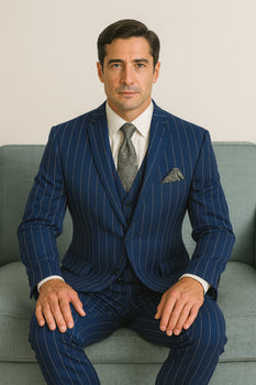 Men's Bold Gangster 1920s Vintage Navy Blue ~ White Gangster Bold Stripe 2 Buttons Vested Dress Suit for Men - Image 7