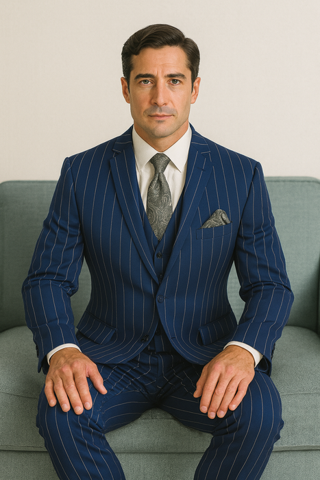 Men's Bold Gangster 1920s Vintage Navy Blue ~ White Gangster Bold Stripe 2 Buttons Vested Dress Suit for Men