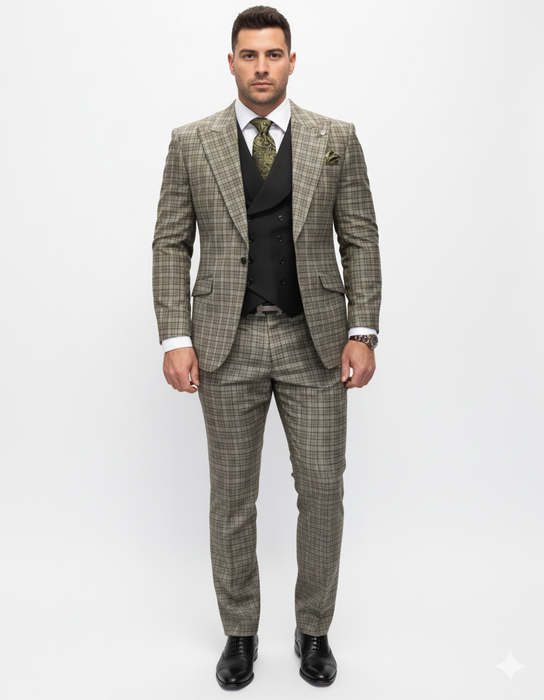 Statement Suits - Wool Suits - Peak Lapel Suits - Ticket Pocket - Modern Fit - Olive Suit