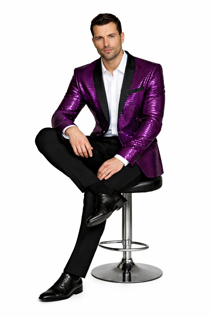 Men'S Purple Shiny Sequin Paisley 1 Button Blazer Dinner Jacket Sport Coat Jacket Sharkskin Flashy Stage Available In Peak Lapel - Image 4