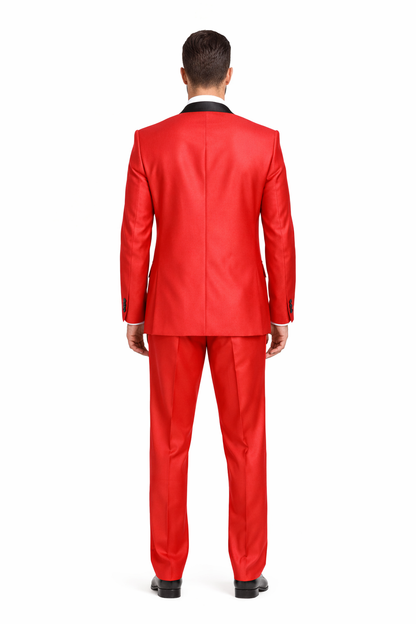 Red Shiny Tuxedo Vested Suit - Sateen Sharkskin Fabric Groom Suit