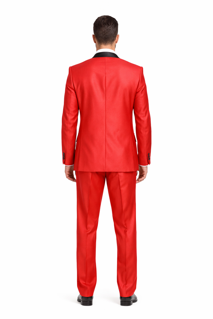 Red Shiny Tuxedo Vested Suit - Sateen Sharkskin Fabric Groom Suit