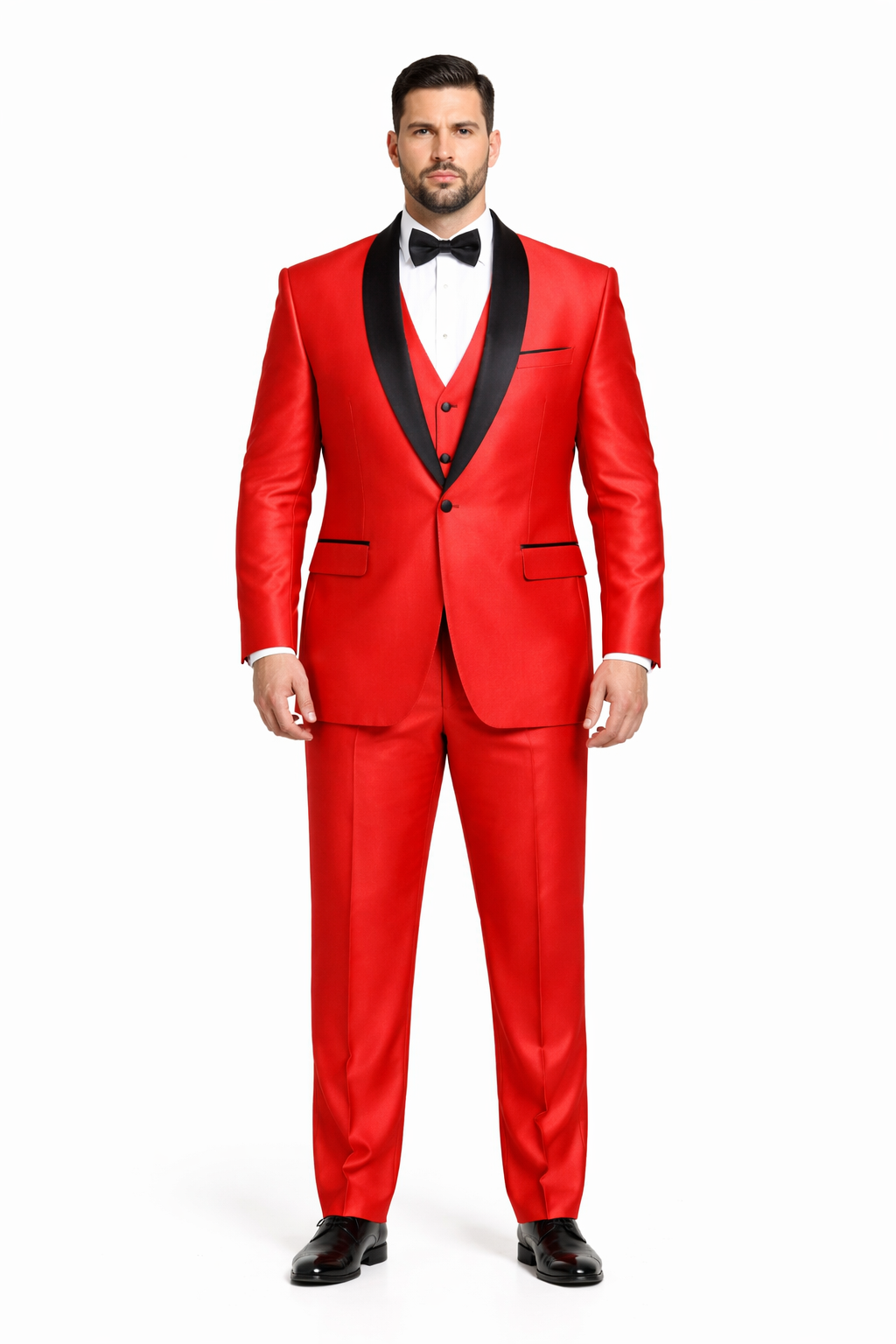 Red Shiny Tuxedo Vested Suit - Sateen Sharkskin Fabric Groom Suit