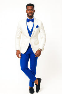 White and Royal Blue Tuxedo Wedding Suit - White Dinner Jacket + Vest + Pants + Bow-tie