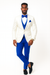 White and Royal Blue Tuxedo Wedding Suit - White Dinner Jacket + Vest + Pants + Bow-tie