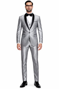 Men'S Shiny Sharkskin Tuxedo Silver Gray ~ Light Grey Black Lapel Two Toned Vested Tuxedo - Mens Grey And Black Tuxedo Wedding - Charcoal Grey Tuxedo
