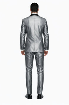 Silver Shiny Tuxedo Vested Suit - Sateen Sharkskin Fabric Groom Suit