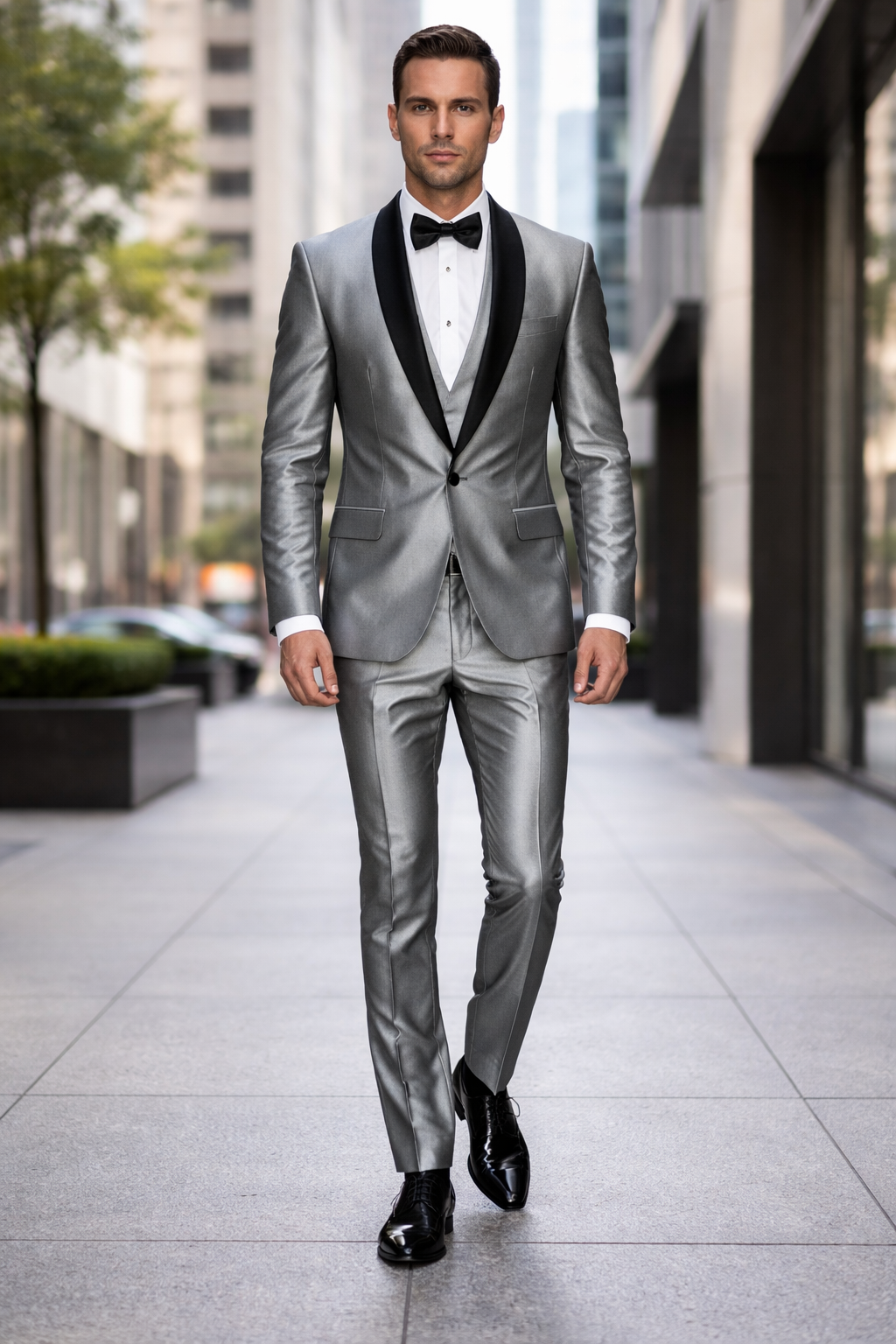 Silver Shiny Tuxedo Vested Suit - Sateen Sharkskin Fabric Groom Suit