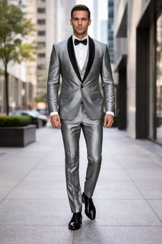 Silver Shiny Tuxedo Vested Suit - Sateen Sharkskin Fabric Groom Suit