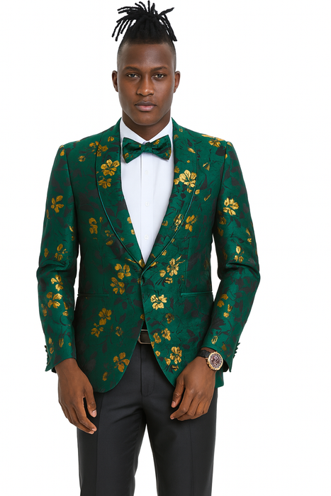 Men's slim fit hunter green and gold paisley prom and wedding tuxedo jacket