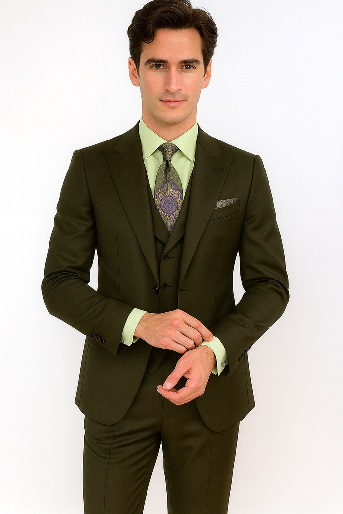 Classic Wool Fabric Fit - Pleated Pants - Peak Lapel With Double Breasted Vest - Athletic Fit Solid Olive Mens Suit - Image 8