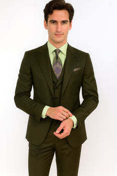 Classic Wool Fabric Fit - Pleated Pants - Peak Lapel With Double Breasted Vest - Athletic Fit Solid Olive Mens Suit - Image 8