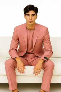 Men's 2 Button  Flap Front pockets Vested Salmon ~ Coral color Suit - Image 6