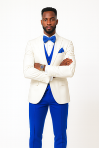 White and Royal Blue Tuxedo Wedding Suit - White Dinner Jacket + Vest + Pants + Bow-tie