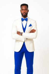 White and Royal Blue Tuxedo Wedding Suit - White Dinner Jacket + Vest + Pants + Bow-tie