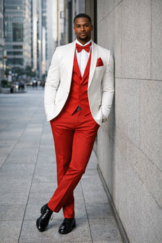 White and Red Tuxedo Wedding Suit - White Dinner Jacket + Vest + Pants + Bow-tie