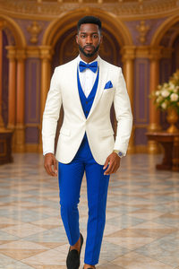 White and Royal Blue Tuxedo Wedding Suit - White Dinner Jacket + Vest + Pants + Bow-tie