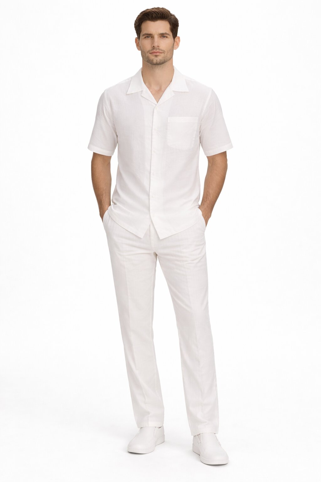 Men's White Linen 2 Piece Short Sleeve Casual Outfit Casual Two Piece Mens Walking Outfit For Sale Pant Sets Suit all white outfits for men