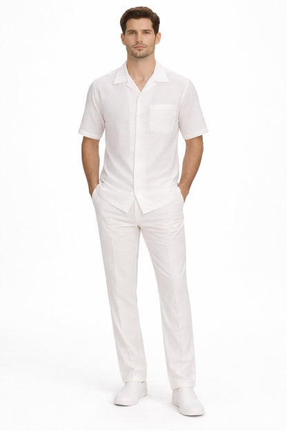 Men's White Linen 2 Piece Short Sleeve Casual Outfit Casual Two Piece Mens Walking Outfit For Sale Pant Sets Suit all white outfits for men