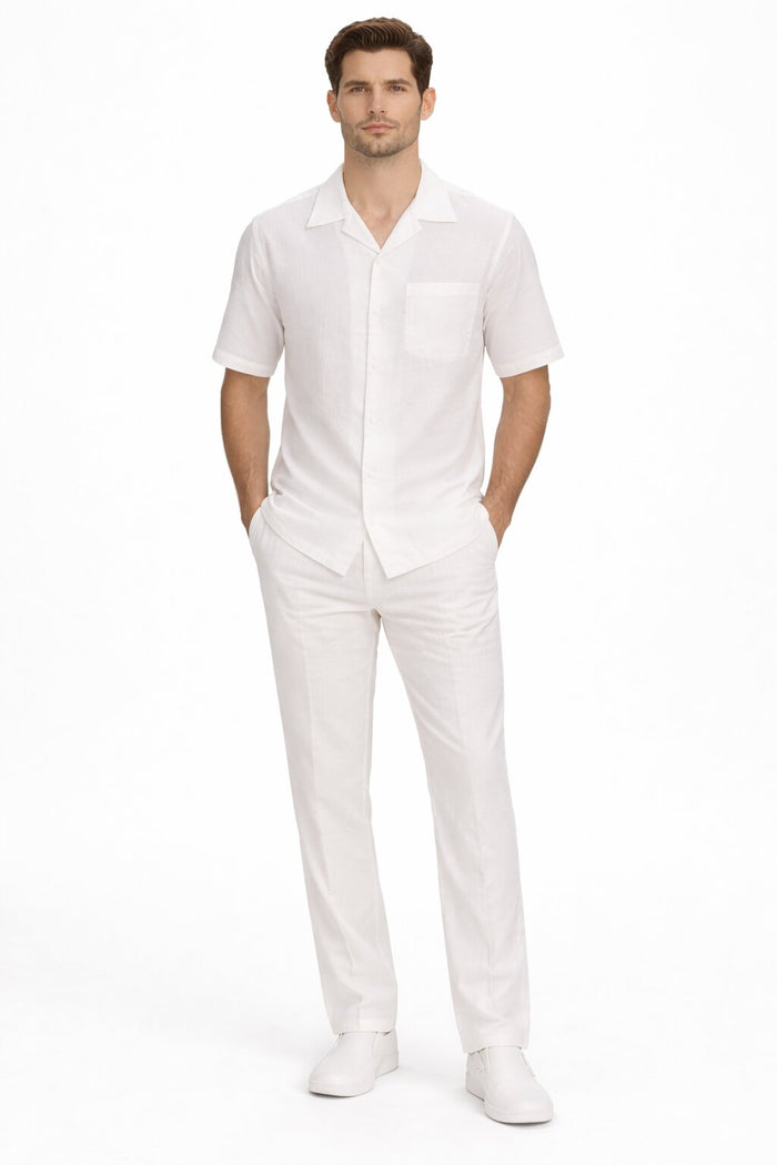 Men's White Linen 2 Piece Short Sleeve Casual Outfit Casual Two Piece Mens Walking Outfit For Sale Pant Sets Suit all white outfits for men