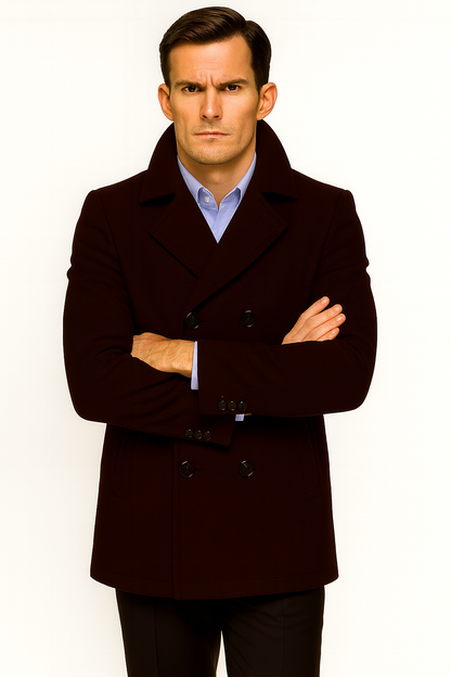 Men's Dark Brown  Wool Fabric Big and Tall Men's Peacoat - Image 8