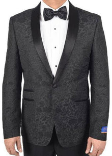 Men's Black Super 150's Viscose Blend 1 Button Tuxedo Floral Pattern  Dinner Jacket
