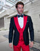 Mens Wool Vested Wide Contrast Peak Black and Red Wedding Tuxedo