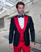 Mens Wool Vested Wide Contrast Peak Black and Red Wedding Tuxedo