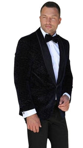 Men'S 1 Button Floral Pattern Shawl Lapel Navy Velvet Tuxedo