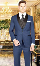 Men's 1 Button French Blue Shawl Lapel Vest Tuxedo Suit