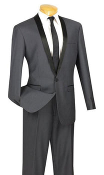 Men'S Two Toned Lapel Sleek 1-Button Shawl Plain Front Tuxedo Grey