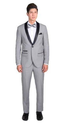 Men's 1 Button Light Gray Slim Fit  With Black Shawl Lapel
