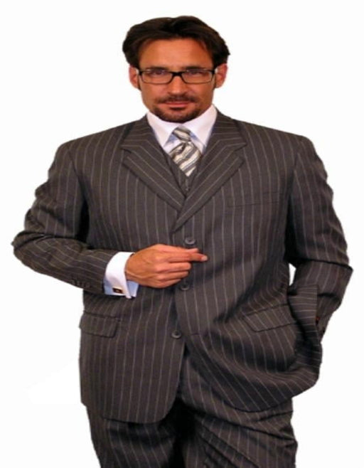 Men's 1920's 30's Fashion Look Available in 2 or 3 buttons Charcoal Gray Chalk Bold Pinstripe Vested 3 Piece three piece suits - Jacket + Pants + Vest