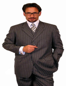 Men's 1920's 30's Fashion Look Available in 2 or 3 buttons Charcoal Gray Chalk Bold Pinstripes Vested 3 Piece three piece suit - Jacket + Pants + Vest