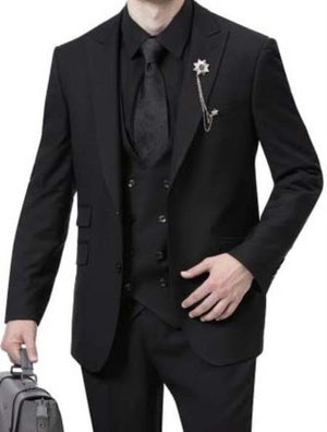 Mens 1920s Fashion Suit Black Peak Lapel Low Cut Vest
