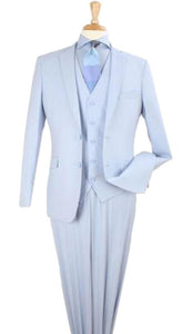Mens 3 Piece Modern Fit Suits Poly Rayon vested blue suit Flat Front Pants - Light Blue Suit - Sky Blue Suit