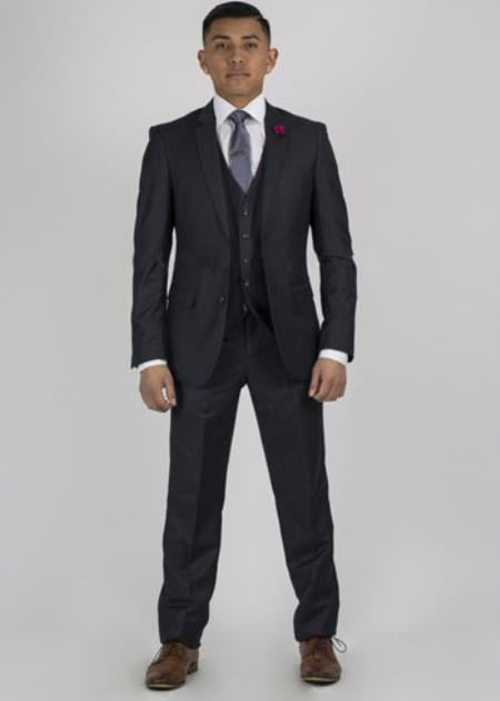 2 Button 3 Piece Charcoal Pinstripe Fitted affordable suit online sale - Three Piece Suit main image 0