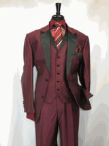 Men's Suit 2 Button Peak Sateen Lapel Two Toned Tuxedo Wine SharkSkin