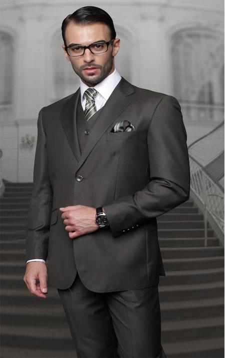 Men'S Olive Two Buttons Vested Wool Tailored Fit Suit