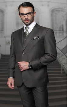 Men'S Olive Two Buttons Vested Wool Tailored Fit Suit