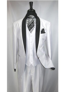 Men's 3 Piece One Button  Shawl Lapel Suit Jacket with Black Satin Trim Collar White